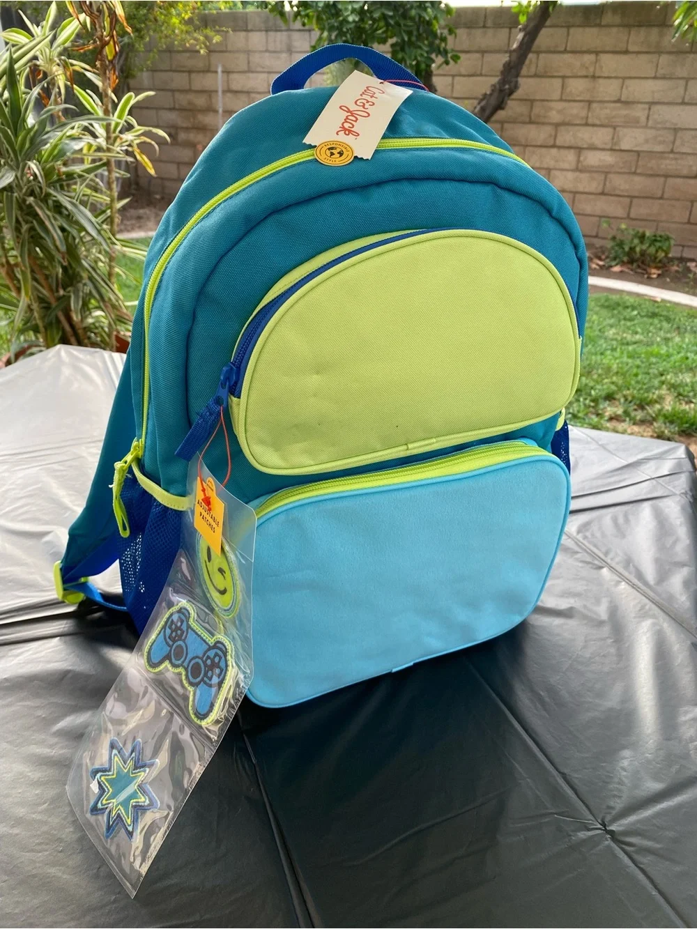 Cat & Jack Teal, Lime & Light Blue Kids Backpack with Patches